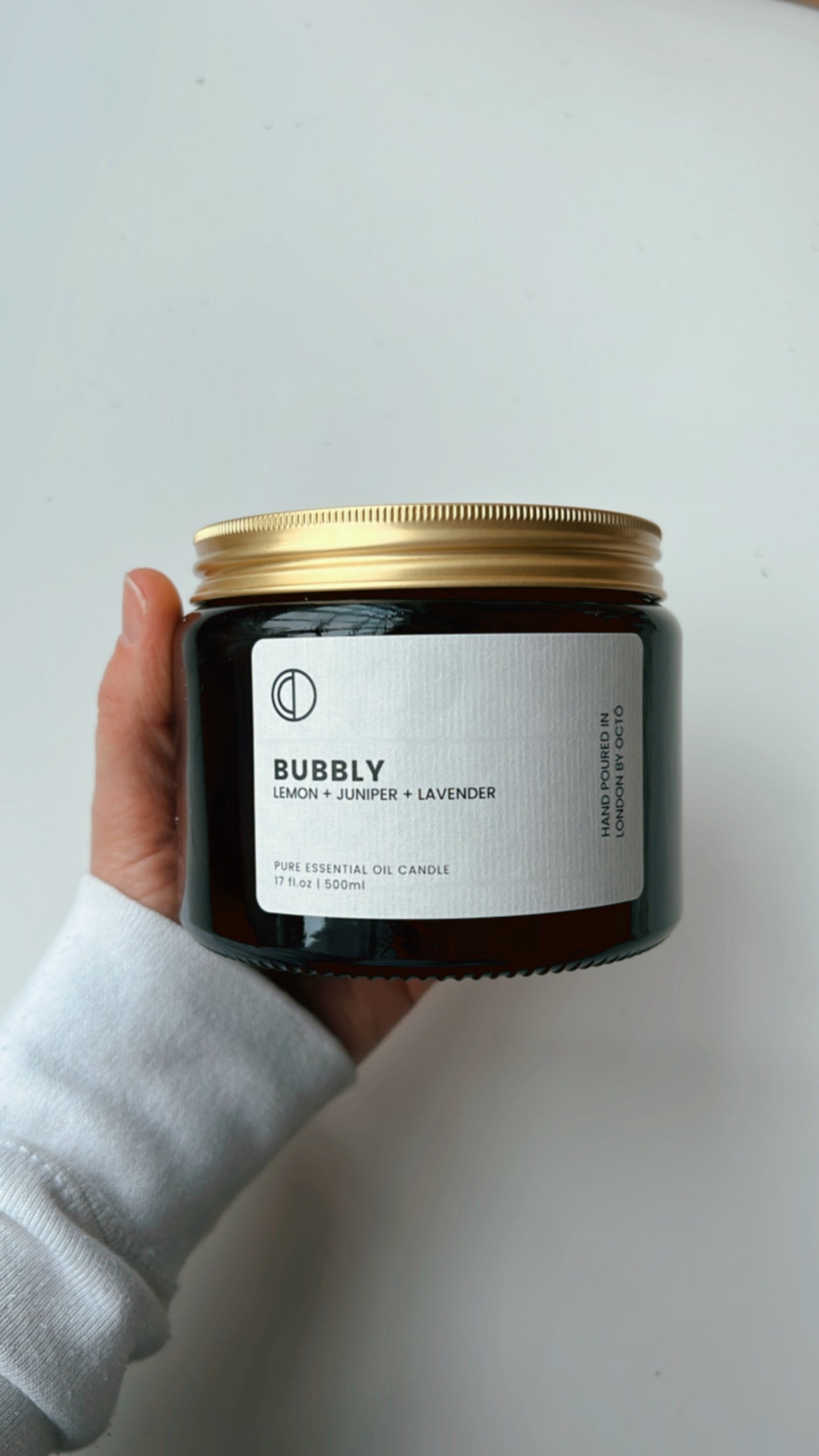 One-off blend essential oil candle in amber glass jar by OCTŌ