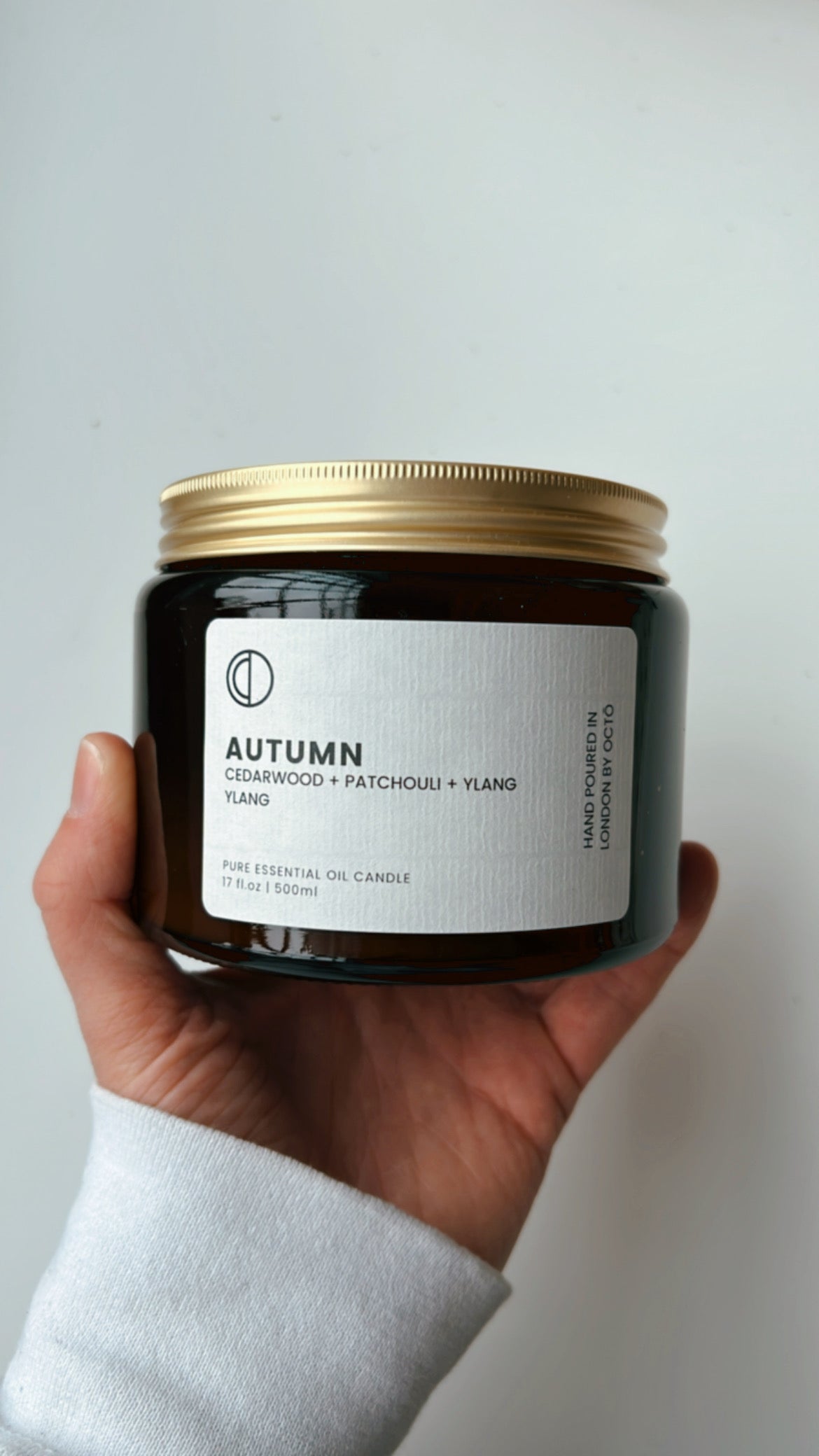 One-off blend essential oil candle in amber glass jar by OCTŌ