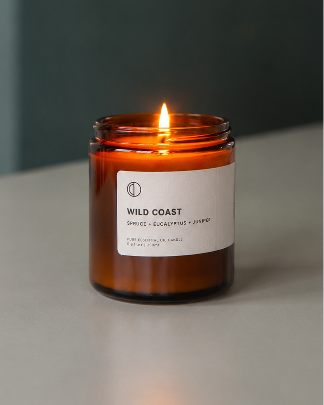 Wild Coast essential oil candle in amber glass jar by OCTŌ