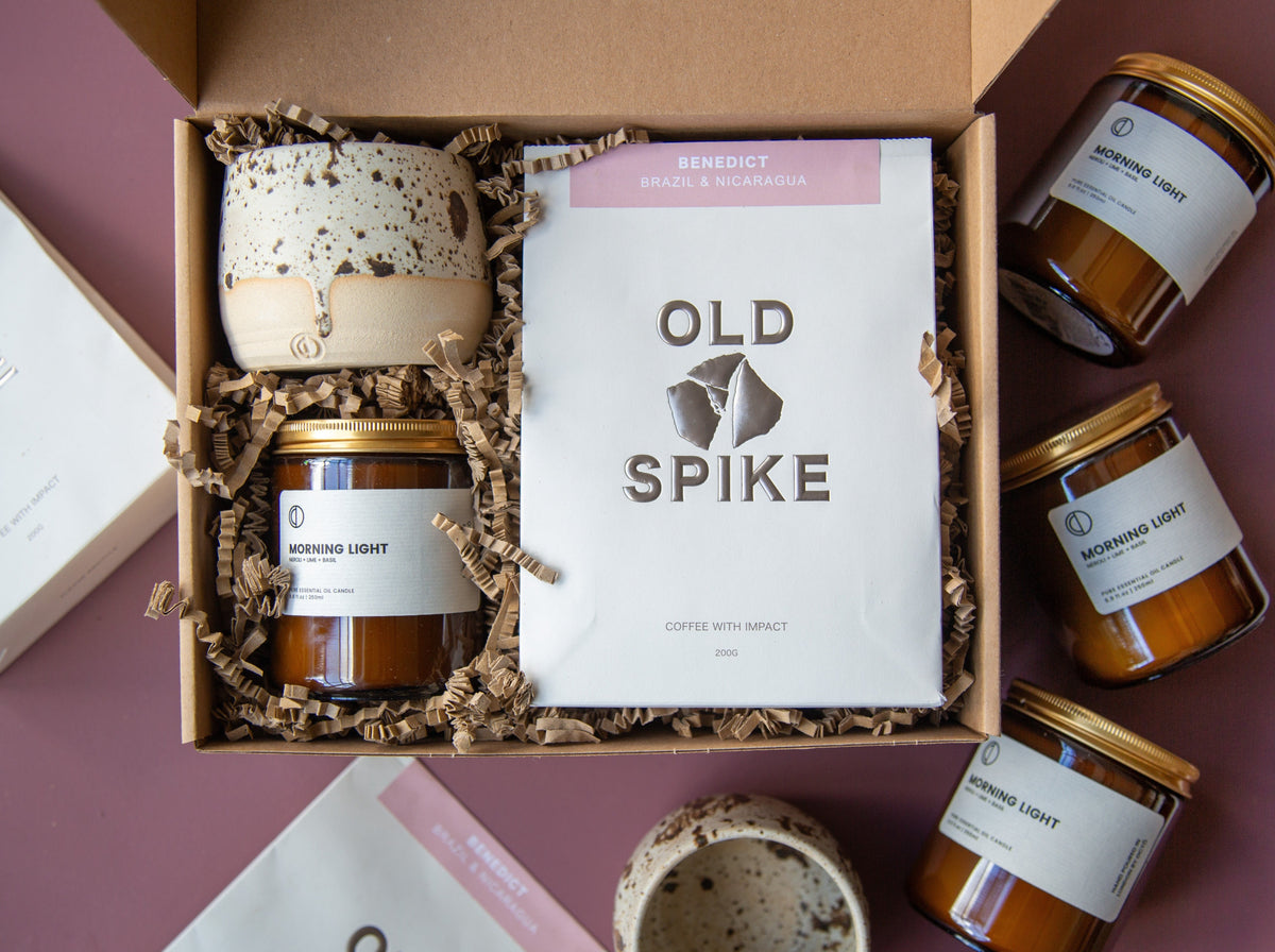 Morning gift set with candle, ceramic cup and coffee by OCTŌ