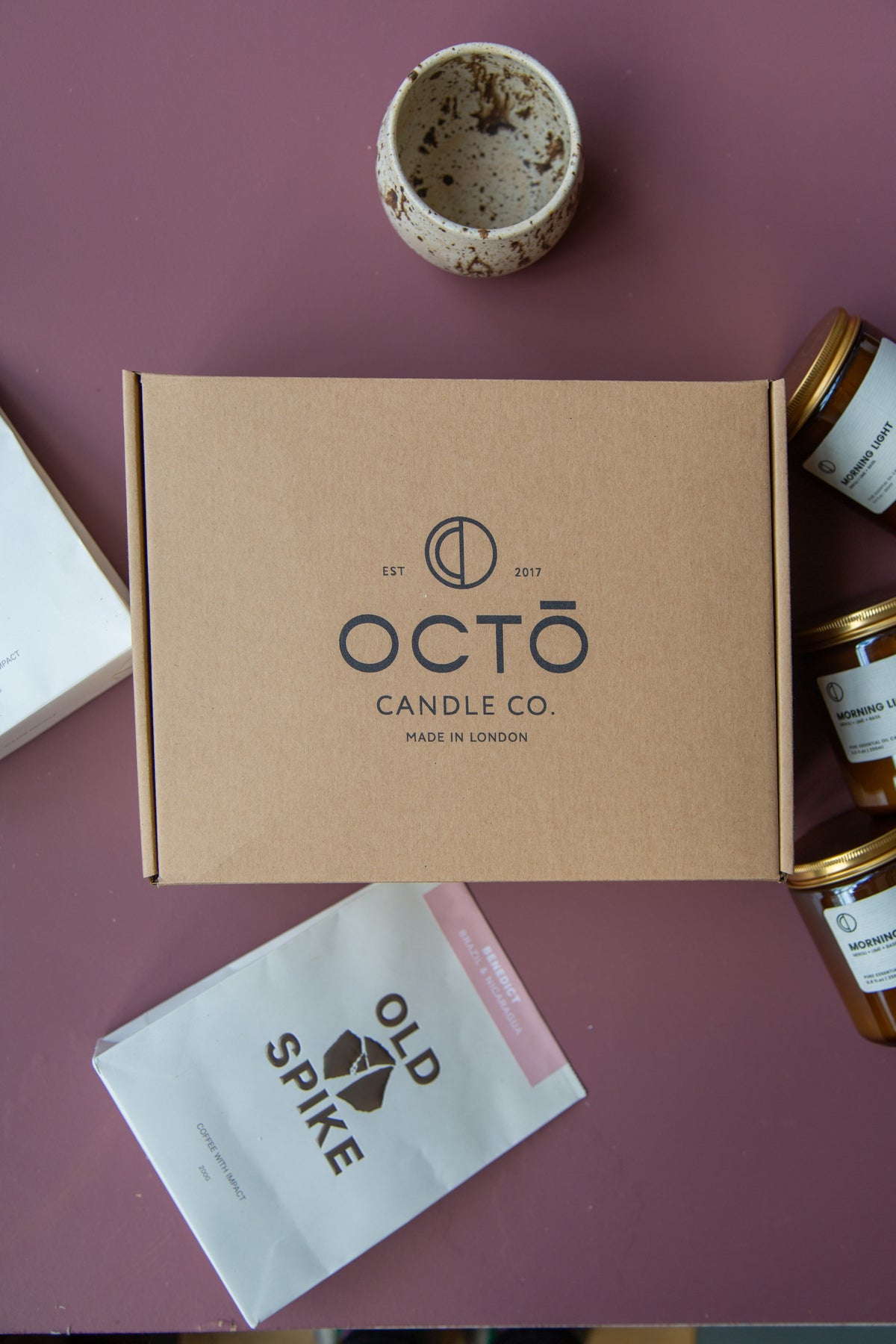 Morning gift set with candle, ceramic cup and coffee by OCTŌ