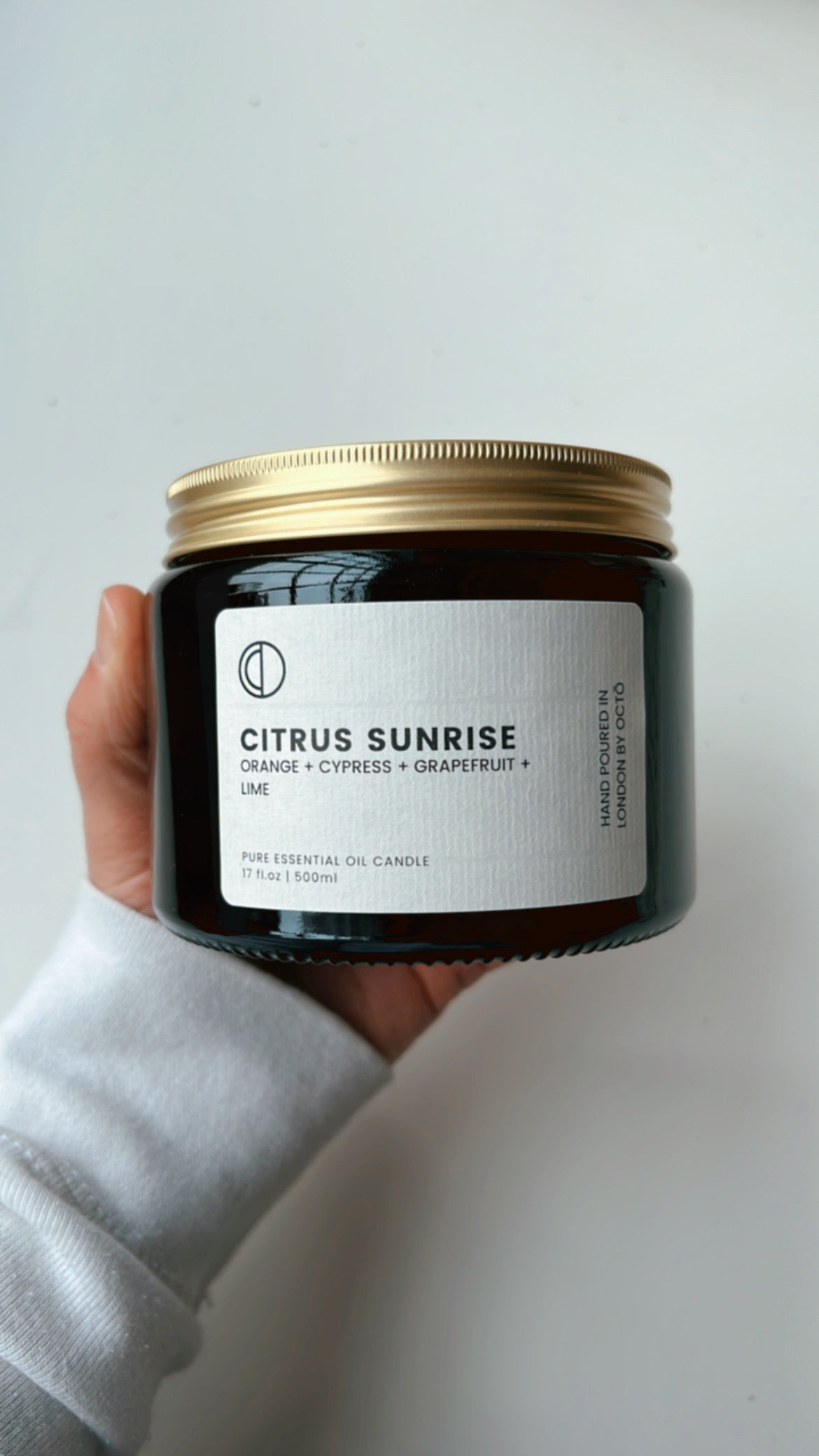 One-off blend essential oil candle in amber glass jar by OCTŌ
